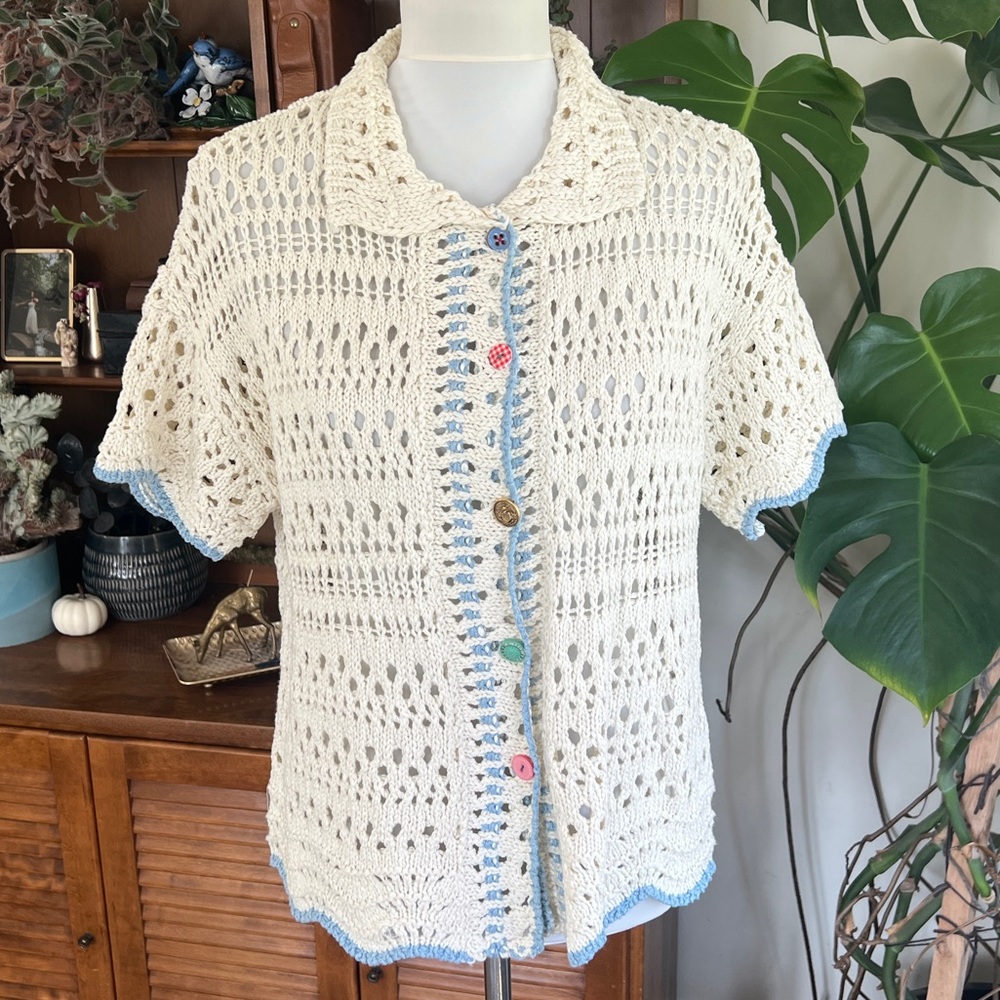 Free People Ivory Crochet Vintage Mixed Button Short Sleeve Sweater Cardigan XS